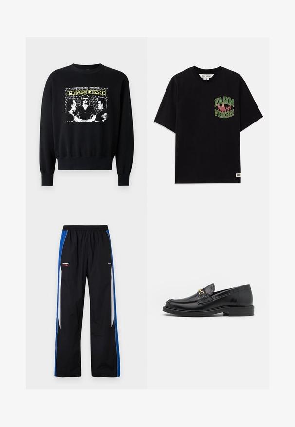 Zwarte sweatshirt met lange mouwen en geribbelde manchetten. De frontafbeelding toont drie figuren in een retro ontwerp met gele en witte tekstaccenten.; Zwarte katoenen t-shirt met een grafische print in groene en roze tekst die "FARM FRESH" zegt, met een losse pasvorm en korte mouwen.; Zwarte trainingsbroek met blauwe en witte zijstrepen, elastische tailleband en kleine witte en rode "moto" en "bare" logo's aan de voorkant.; Zwarte leren instappers met een ronde neus, voorzien van een gouden hardware accent en stikdetails, geplaatst op een lage, getextureerde rubberen zool.