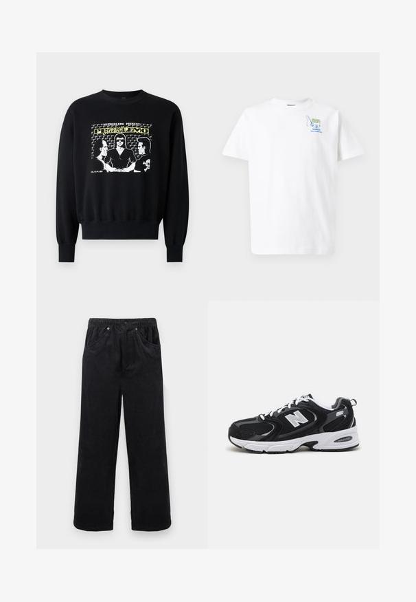 Sort sweatshirt med lange ærmer og ribbede manchetter. Frontgrafikken viser tre figurer i et retrodesign med gule og hvide tekstaccenter.; Hvid bomuld T-shirt med en blå grafik af en pommes frites-beholder og teksten "new balance" på venstre brystområde. Korte ærmer, rund hals.; Sorte vidde bukser i ribfløjl med elastisk linning, knap- og lynlåslukning samt forlommer mod en lys baggrund.; Sorte og grå sportssko med mesh og ruskind på overdelen, der har en hvid mellemsål, snørebånd og et iøjnefaldende "N" logo på siden.