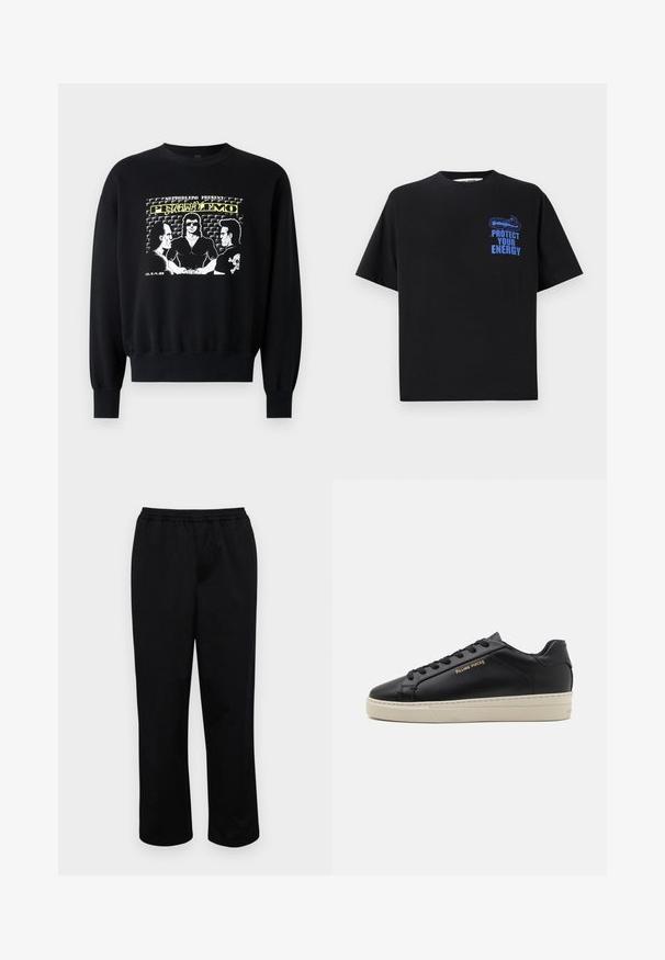 Zwarte sweatshirt met lange mouwen en geribbelde manchetten. De frontafbeelding toont drie figuren in een retro ontwerp met gele en witte tekstaccenten.; Zwarte katoenen t-shirt met korte mouwen, met blauwe tekst "BESCHERM JE ENERGIE" en een grafisch ontwerp op de bovenste linkerkant.; Zwarte, halflange broeken met een elastische tailleband. Gemaakt van een soepel stof, met een ontspannen pasvorm en zonder zichtbare zakken of versieringen.; Zwarte leren sneaker met een gladde afwerking, contrasterende crèmekleurige zool, ronde neus, gouden logo aan de zijkant en zes gaatjes voor veters.