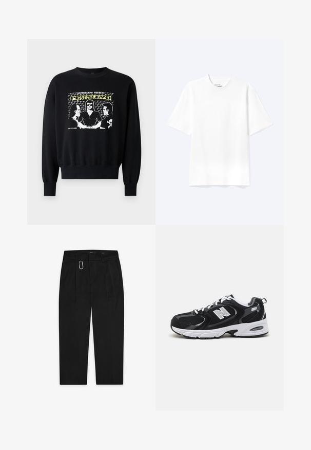 Zwarte sweatshirt met lange mouwen en geribbelde manchetten. De frontafbeelding toont drie figuren in een retro ontwerp met gele en witte tekstaccenten.; Effen witte T-shirt met korte mouwen en ronde hals, met een losse pasvorm, weergegeven op een lichte achtergrond.; Zwarte broek met een rechte pijpdesign, voorzien van een zilveren metalen karabijnhaak en twee zijzakken. Gemaakt van een gladde stof.; Zwarte en grijze sport schoenen met een bovenwerk van mesh en suede, voorzien van een witte tussenzool, veters en een gedurfde "N"-logo aan de zijkant.