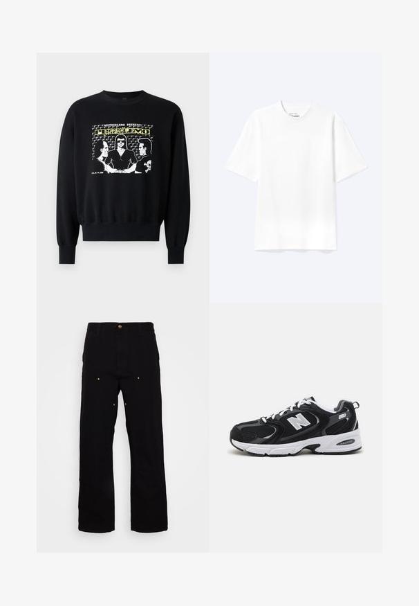 Zwarte sweatshirt met lange mouwen en geribbelde manchetten. De frontafbeelding toont drie figuren in een retro ontwerp met gele en witte tekstaccenten.; Effen witte T-shirt met korte mouwen en ronde hals, met een losse pasvorm, weergegeven op een lichte achtergrond.; Zwarte denim broek met een recht-pijp ontwerp, voorzien van gouden hardware accenten en zichtbare stiksels op de voor- en achterzakken.; Zwarte en grijze sport schoenen met een bovenwerk van mesh en suede, voorzien van een witte tussenzool, veters en een gedurfde "N"-logo aan de zijkant.
