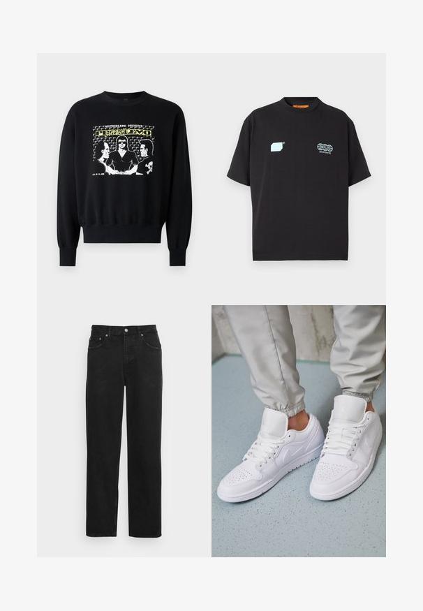 Schwarzer Pullover mit langen Ärmeln und gerippten Bündchen. Die Grafik auf der Vorderseite zeigt drei Figuren in einem Retro-Design mit gelben und weißen Textelementen.; Schwarzes T-Shirt mit kurzen Ärmeln, hellblauen geometrischen Mustern und Replay Incorporated Logos auf der Brust, Rundhalsausschnitt und einem orangefarbenen Etikett im Kragen.; Schwarze Jeans aus Denim mit geradem Bein, Fünf-Taschen-Design und Metallknopfverschluss mit dezent strukturierter Oberfläche. Keine sichtbaren Muster oder Akzente.; Weiße Ledersneaker mit perforierter Zehenbox, flachen Schnürsenkeln, gepolstertem Kragen und dem Jordan-Logo auf der Zunge. Getragen mit grauen Jogginghosen.