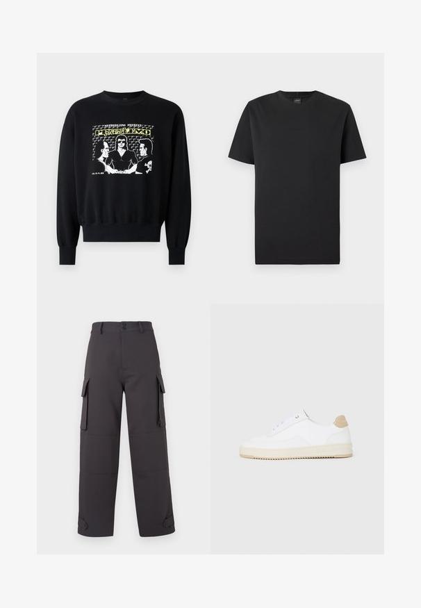 Schwarzer Pullover mit langen Ärmeln und gerippten Bündchen. Die Grafik auf der Vorderseite zeigt drei Figuren in einem Retro-Design mit gelben und weißen Textelementen.; Schwarzes T-Shirt mit kurzen Ärmeln aus Baumwolle. Verfügt über einen Rundhalsausschnitt und ein dezentes geprägtes Logo auf der Vorderseite. Glatte Textur, normale Passform.; Cargo-Hosen in Dunkelgrau, aus einem glatten Stoff gefertigt, mit zwei seitlichen Taschen und Knopfverschlüssen. Lockere Passform mit umgeschlagenen Säumen.; Weiße Low-Top-Sneaker mit einem strukturierten Lederobermaterial, cremefarbener, geriffelter Sohle und einem braunen Akzent an der Ferse. Mit weißen Schnürsenkeln und Logodetail an der Ferse.