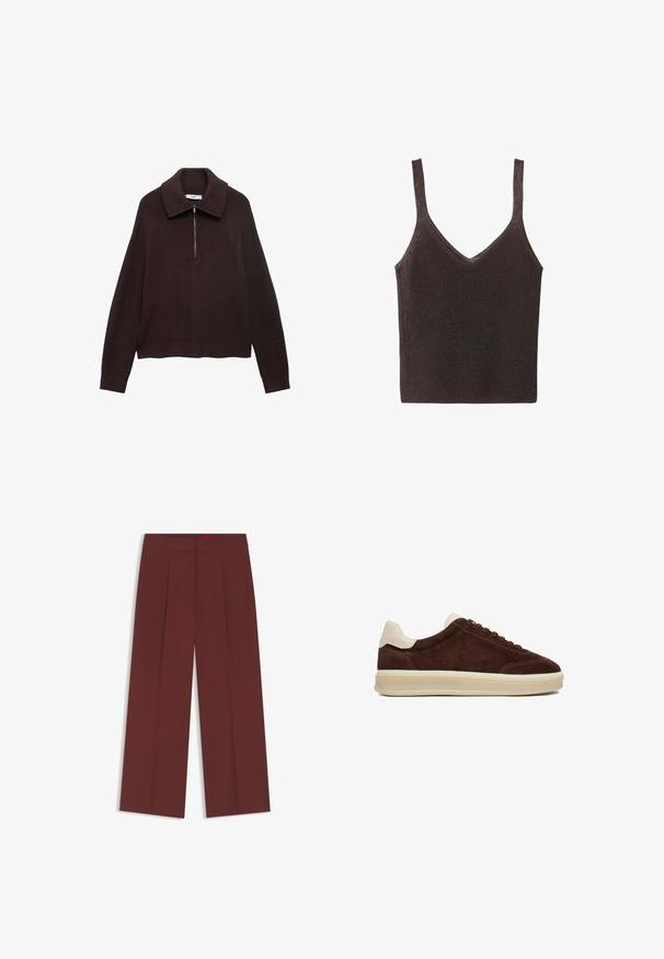 Pull en tricot marron avec un large col, fermeture à demi-zip à l'avant et épaules tombantes. Présente une texture côtelée et une longueur crop.; Débardeur tricoté marron sans manches avec un col en V, présentant une texture lisse légèrement brillante et une silhouette ajustée.; Pantalon brun à jambes larges, taille haute avec plis sur le devant, présenté à plat sur un fond blanc.; Baskets basses en daim marron avec languette blanche au talon et semelle épaisse couleur crème, vue de côté sur fond blanc.