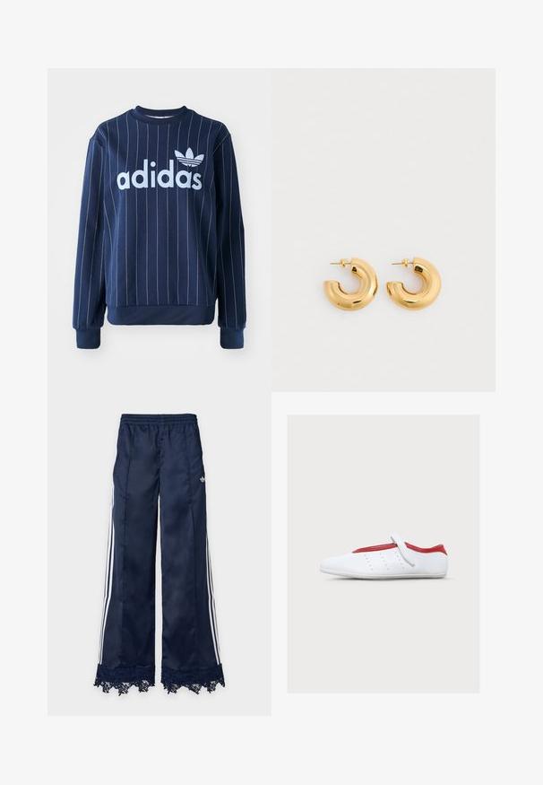 Tummansininen collegepaita, jossa on pystysuorat valkoiset raidat, suuri vaaleansininen "adidas"-logo edessä, ribbaus hihansuissa ja pyöreässä kaula-aukossa.; Laajalahkeiset tummansiniset verkkarit valkoisilla sivuraitoja, joustavalla vyötäröllä, adidas-logo lonkassa ja pitsikoriste helmassa.; Valkoinen litteä kenkä punaisilla reunoilla ja yhdellä valkoisella hihnalla päällä, jossa pieniä pisteviilauksia sivulla.; Kullaketju kultarengas, jossa on sileä, kiiltävä pinta. C-muotoinen muotoilu kiillotetulla pinnalla. Sisältää terävän kiinnityspiston turvalliseen kiinnittämiseen.
