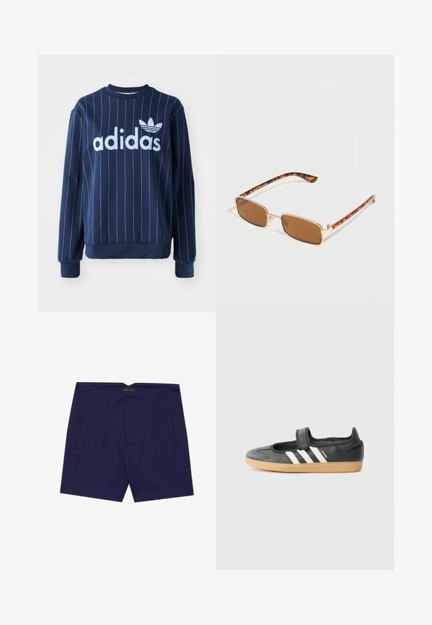 Tummansininen collegepaita, jossa on pystysuorat valkoiset raidat, suuri vaaleansininen "adidas"-logo edessä, ribbaus hihansuissa ja pyöreässä kaula-aukossa.; Tummansiniset shortsit, jotka on valmistettu pehmeästä kankaasta, tasaista etuosaa, kaksi sivutaskua ja hienovarainen laskostussuunnittelu. Vöissä on nimilappu.; Mustat nahka- ja mokkanahkalenkkarit, joissa on tarranauha, kolme valkoista raitaa ja kumipohja. Sivussa lukee "SAMBA".; Suorakulmaiset ruskeat aurinkolasit ohuella kullanvärisellä metallikehyksellä ja kilpikonnakuviollisilla sankoilla valkoisella taustalla.
