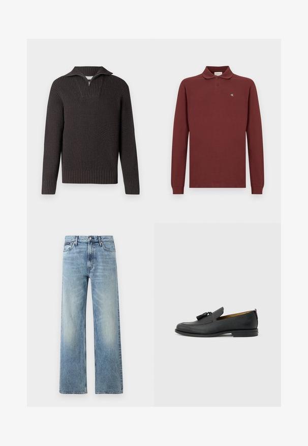 Pull en tricot gris foncé avec un col zippé mi-haut, texture côtelée et manches longues. Présente une forme carrée et un design structuré.; Polo-shirt à manches longues bordeaux en coton, arborant un col classique, une patte de boutonnage à trois boutons et un petit logo brodé sur la poitrine.; Jean droit en denim bleu clair avec taille haute, cinq poches, fermeture à boutons et léger délavage sur les cuisses et les genoux.; Mocassin pour homme en cuir noir avec pompons, bout arrondi, petit talon et languette à l'arrière, présenté de profil sur un fond gris clair.