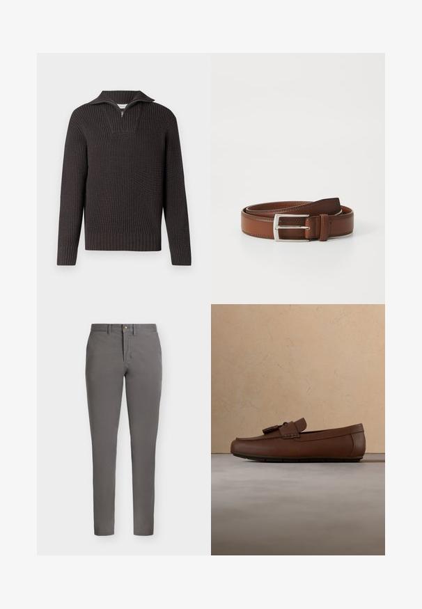 Pull en tricot gris foncé avec un col zippé mi-haut, texture côtelée et manches longues. Présente une forme carrée et un design structuré.; Pantalon décontracté gris slim avec passants de ceinture et fermeture à bouton sur le devant.; Mocassin en cuir marron avec détail à pampilles, posé sur un tapis beige texturé devant un canapé beige clair.; Ceinture en cuir brun au fini lisse, avec une boucle en métal argenté et une couture subtile le long des bords. Design classique et durable.