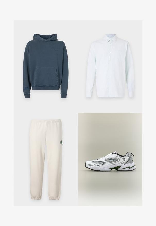 Sudadera de algodón azul con un bolsillo frontal, puños y dobladillo acanalados, que presenta un pequeño logo en el pecho y una etiqueta en la manga.; Camisa de rayas azul claro y blanca de manga larga, con botones en la parte delantera, cuello puntiagudo, tela suave, que presenta un pequeño logo en el pecho.; Pantalones de chándal de color beige claro, hechos de algodón, con una cinturilla elástica, puños acanalados y un logo verde con diseño de hoja en la pierna izquierda.; Zapatilla deportiva de running en blanco y gris, con paneles de malla, acentos verdes, detalles en negro y un logo en el costado, vista desde el lado exterior.