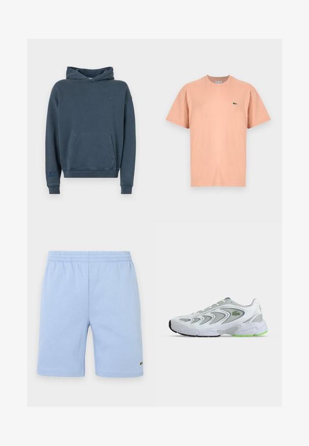 Sudadera de algodón azul con un bolsillo frontal, puños y dobladillo acanalados, que presenta un pequeño logo en el pecho y una etiqueta en la manga.; Camiseta de manga corta y cuello redondo en algodón color durazno claro con un pequeño logo de cocodrilo verde de Lacoste en el lado izquierdo del pecho.; Pantalones cortos de algodón con cintura elástica de color azul claro, con un pequeño logo bordado de cocodrilo verde en la parte inferior de la pierna derecha.; Zapatilla deportiva blanca y gris con detalles verdes y logo, paneles de malla y una suela gruesa y acolchada, mostrada de lado sobre un fondo liso.