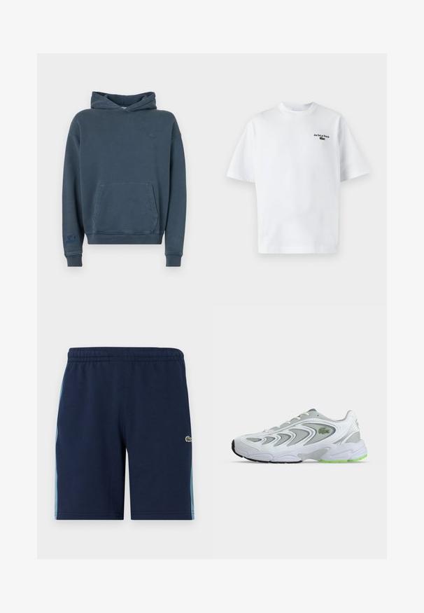 Sudadera de algodón azul con un bolsillo frontal, puños y dobladillo acanalados, que presenta un pequeño logo en el pecho y una etiqueta en la manga.; Camiseta de algodón blanca con mangas cortas, que presenta el texto "Jeu Set et Match" y un pequeño logo verde en el lado izquierdo del pecho. Corte clásico.; Pantalones cortos de color azul marino con una cinturilla elástica, que presentan paneles laterales en un tono azul más claro y un pequeño logo verde en la parte inferior de la pierna. Material de mezcla de algodón.; Zapatilla deportiva blanca y gris con detalles verdes y logo, paneles de malla y una suela gruesa y acolchada, mostrada de lado sobre un fondo liso.