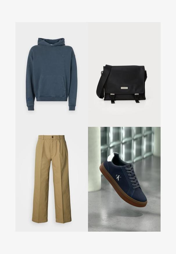 Sudadera de algodón azul con un bolsillo frontal, puños y dobladillo acanalados, que presenta un pequeño logo en el pecho y una etiqueta en la manga.; Pantalones anchos de pierna beige hechos de algodón, con cierre de botón en el frente, tres pliegues y dobladillos rectos para un ajuste cómodo.; Zapatilla deportiva azul marino con suela marrón, cordones grises, detalle blanco en el talón y logo "CK" blanco, flotando en interiores cerca de una pared de bloques de vidrio y un suelo de cemento.; Bolsa de mensajero negra hecha de nailon suave, con cierre de solapa, correa ajustable y detalles de herrajes en tono plateado. Diseño compacto y funcional.