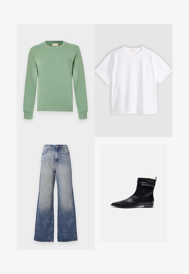Sweatshirt vert clair en coton, avec un col et des poignets côtelés, décoré d'un logo brodé sur la poitrine.; T-shirt en coton blanc à manches courtes, col rond, coupe décontractée, texture lisse, avec une petite étiquette logo sur la couture latérale gauche.; Jean large en denim bleu clair, avec des motifs d'éclat argentés. Taille haute avec fermeture à bouton et design classique à cinq poches.; Bottine en cuir noir avec bout pointu, semelle plate et fermeture éclair sur le côté. Présente un accent en boucle sur le bracelet pour plus de détails. Texture lisse.