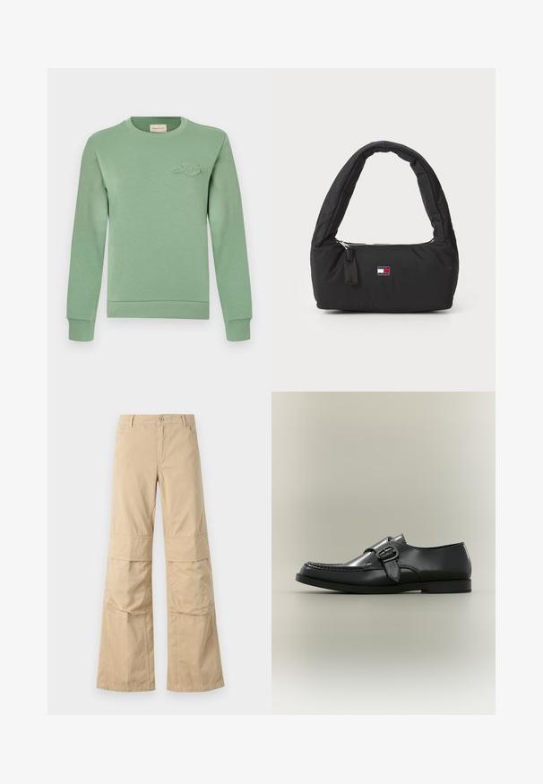 Sweatshirt vert clair en coton, avec un col et des poignets côtelés, décoré d'un logo brodé sur la poitrine.; Pantalons beige à jambes larges avec une coupe décontractée, en coton, comportant des coutures visibles, des poches avant et une fermeture à bouton.; Chaussure habillée en cuir noir avec une boucle latérale et des détails de couture, vue de profil sur un fond neutre.; Sac à main en nylon noir avec une poignée courbée et rembourrée, fermeture éclair argentée et un petit patch logo aux couleurs rouge, blanc et bleu.