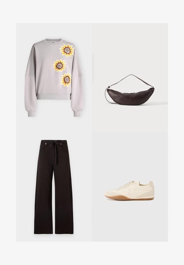 Sweat-shirt gris clair avec trois grands motifs tournesol jaunes sur le devant, manches longues et bord-côtes aux poignets et à l'ourlet.; Pantalon noir à jambes larges avec poches avant, passants de ceinture et cordon en tissu à la taille, présenté sur un fond uni.; Baskets beige clair avec une tige en cuir texturé, des panneaux latéraux texturés et une semelle en caoutchouc. Dotées d'un design fin et épuré ainsi que de lacets plats.; Sac d'épaule en cuir marron foncé en forme de croissant avec une lanière courbée et des coutures visibles sur fond uni.