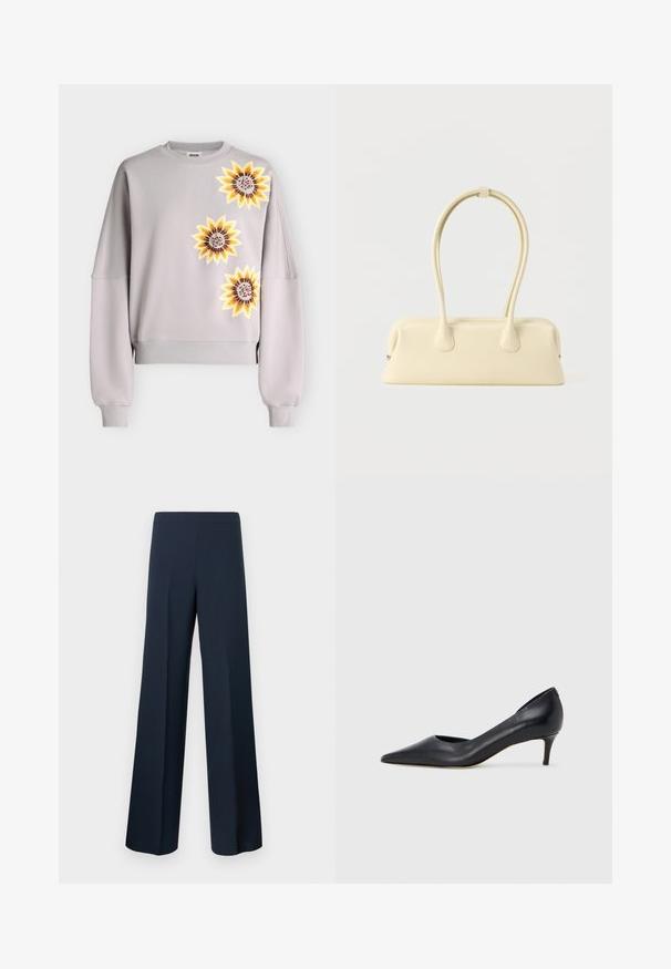 Sweat-shirt gris clair avec trois grands motifs tournesol jaunes sur le devant, manches longues et bord-côtes aux poignets et à l'ourlet.; Pantalon large bleu marine en tissu lisse à taille haute sans fermetures visibles, présentant des lignes épurées et une silhouette élégante.; Escarpin en cuir noir avec un bout pointu et un talon bas. Présente une texture lisse et un éclat subtil. Découpe ouverte à l'avant pour un détail supplémentaire.; Sac rectangulaire couleur crème avec coins arrondis et deux longues poignées courbées, présenté sur un fond blanc.