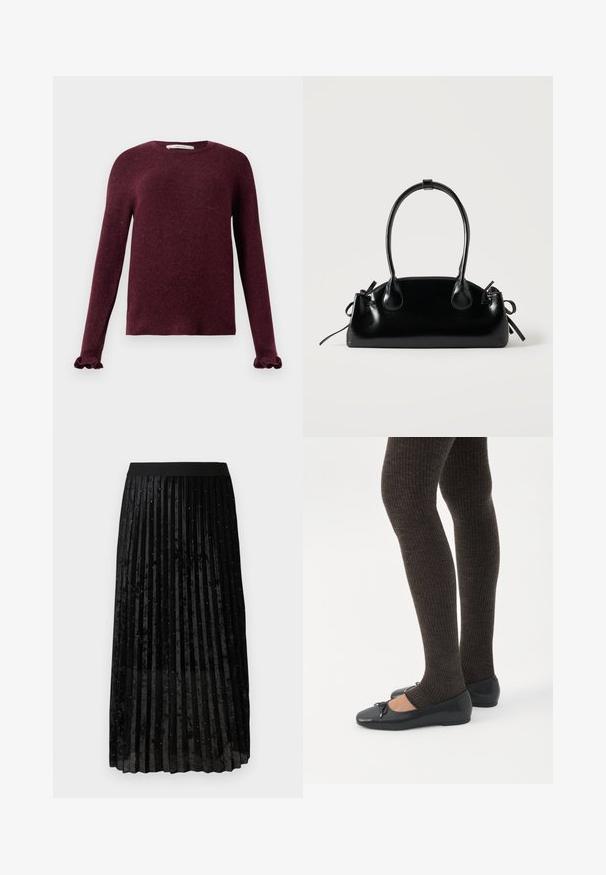 Pull en tricot bordeaux à manches longues avec des poignets volants et un col rond sur un fond uni.; Jupe plissée noire en velours, avec une finition texturée ornée de paillettes brillantes réparties uniformément sur le tissu.; Jambes portant des leggings côtelés foncés associés à des ballerines noires avec de petits détails en nœud sur fond blanc.; Petit sac à main noir brillant avec deux longues anses et des détails à cordon sur les côtés sur un fond clair uni.