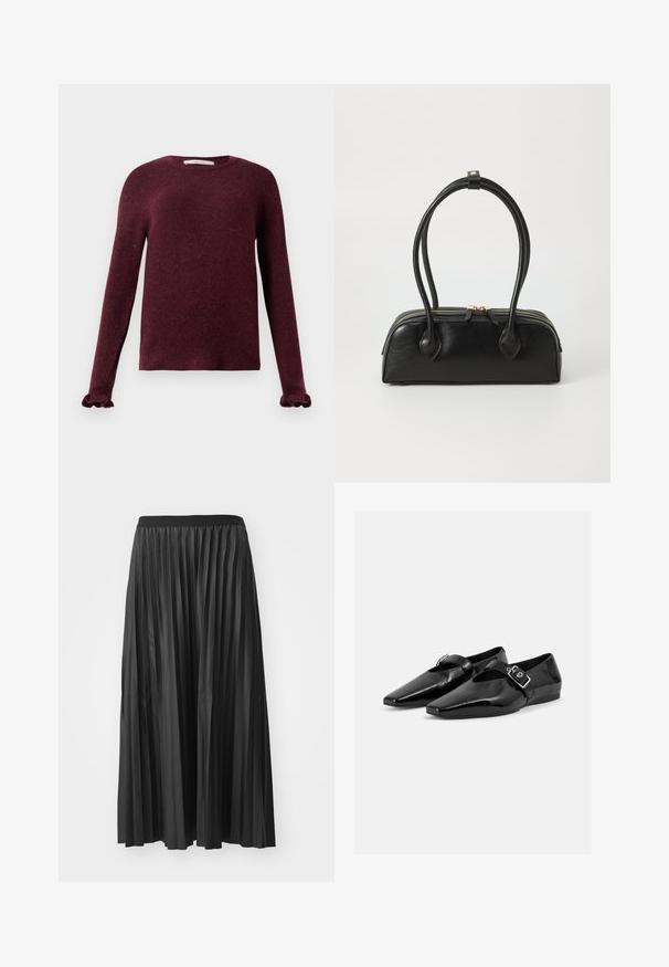 Pull en tricot bordeaux à manches longues avec des poignets volants et un col rond sur un fond uni.; Jupe maxi plissée noire avec une texture lisse et une taille élastique, dotée de plis verticaux qui créent du volume et du mouvement.; Paire de chaussures plates en cuir verni noir à bouts pointus avec une bride à boucle sur le dessus, montrée sur un fond clair uni.; Sac à main en cuir noir avec deux anses allongées, fermeture éclair et forme arrondie ; texture lisse avec une finition légèrement brillante.