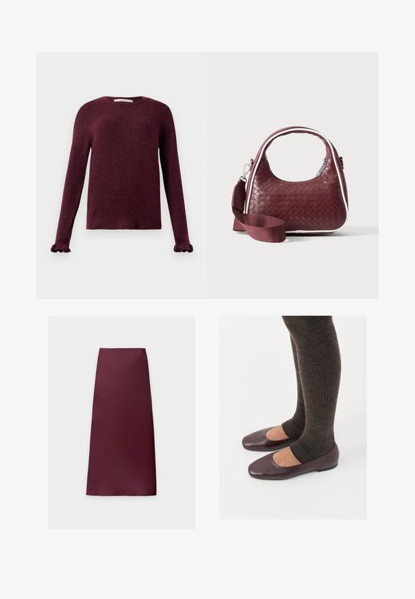 Pull en tricot bordeaux à manches longues avec des poignets volants et un col rond sur un fond uni.; Jupe midi droite de couleur bordeaux foncé unie, en tissu lisse sans motifs ni ornements visibles.; Ballerines en cuir verni bourgogne à bout carré, accompagnées de chaussettes en tricot côtelé marron foncé atteignant le molet.; Sac à main en cuir tressé marron foncé avec poignée courbée, garniture blanche, fermeture éclair argentée et bandoulière large en tissu amovible sur fond uni.