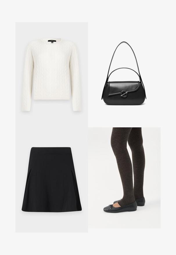 Pull en maille blanche avec des manches longues, un col rond et un accent décoratif en perles au niveau du col. Texture douce et design ajusté.; Jupe noire trapèze avec de légers plis sur les côtés, ceinture plate et texture de tissu lisse.; Jambes portant des leggings côtelés foncés associés à des ballerines noires avec de petits détails en nœud sur fond blanc.; Sac à bandoulière en cuir noir avec un rabat incurvé fermé par un fermoir métallique rond et une sangle fine et ajustable.