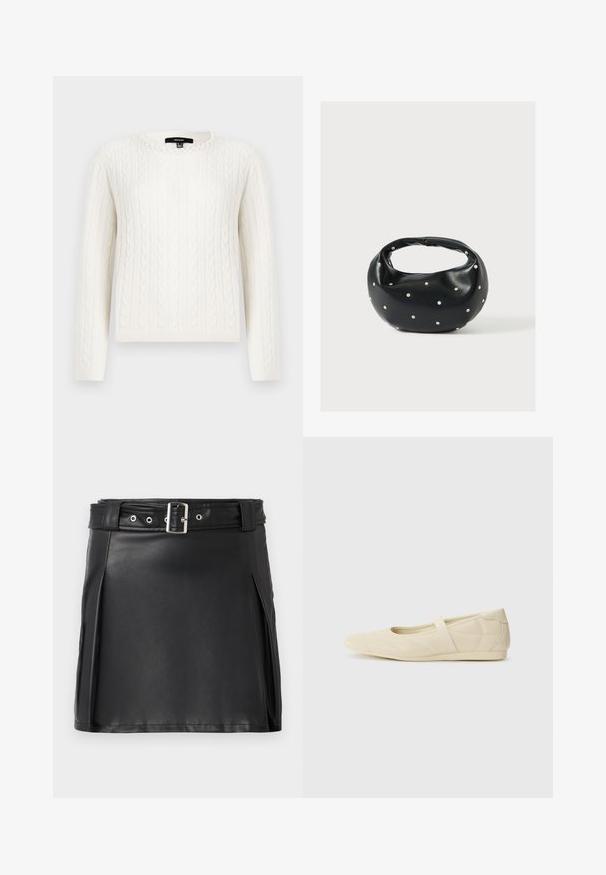 Pull en maille blanche avec des manches longues, un col rond et un accent décoratif en perles au niveau du col. Texture douce et design ajusté.; Jupe mini en faux cuir noir avec un design ajusté, des plis latéraux et une ceinture avec une boucle argentée et des œillets. Texture lisse, taille haute.; Ballerines beiges avec une exterior en cuir lisse, un bout en forme d'amande et une sangle élastique sur le coup de pied, avec des détails de couture subtils.; Sac à main en cuir noir de forme arrondie, décoré de clous argentés et équipé d'une poignée courte. Texture lisse et fermeture éclair.