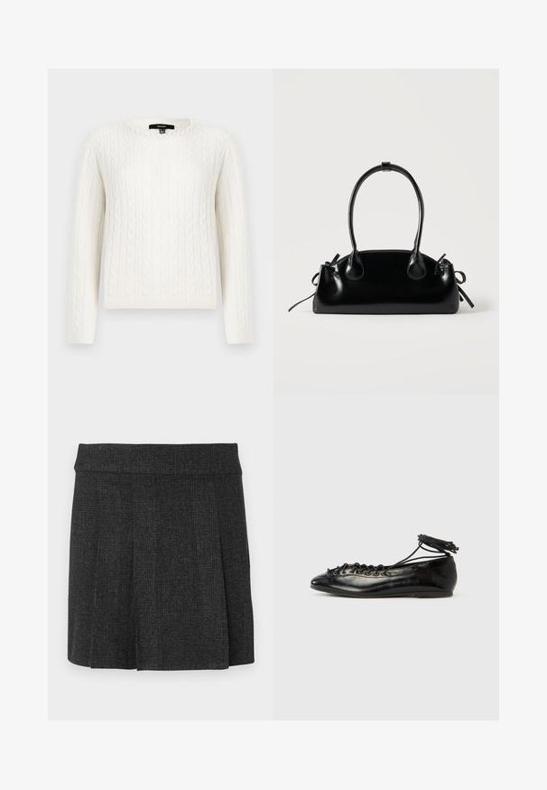 Pull en maille blanche avec des manches longues, un col rond et un accent décoratif en perles au niveau du col. Texture douce et design ajusté.; Jupe noire plissée en tissu texturé. Ceinture mi-haute avec des lignes épurées. Coupe classique adaptée à diverses occasions.; Ballerines en cuir verni noir avec un bout rond, un design à lacets et une semelle plate. Texture lisse avec peu de détails.; Petit sac à main noir brillant avec deux longues anses et des détails à cordon sur les côtés sur un fond clair uni.