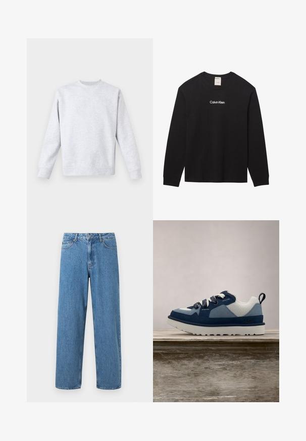 Lys grå sweatshirt lavet af blødt stof, med rund hals, lange ærmer og ribbede manchetter og kant. Minimalistisk design uden mønstre.; Sort langærmet t-shirt med rund hals og teksten "Calvin Klein" trykt i hvid på midten foran.; Lys blå denim jeans med lige pasform, høj talje og fem-lomme design. Har knap- og lynlåslukning med synlige sømme.; Blå og hvid sneaker med en mesh-overdel, suede-detaljer, runde snørebånd og en kraftig hvid sål, svævende over en træoverflade.