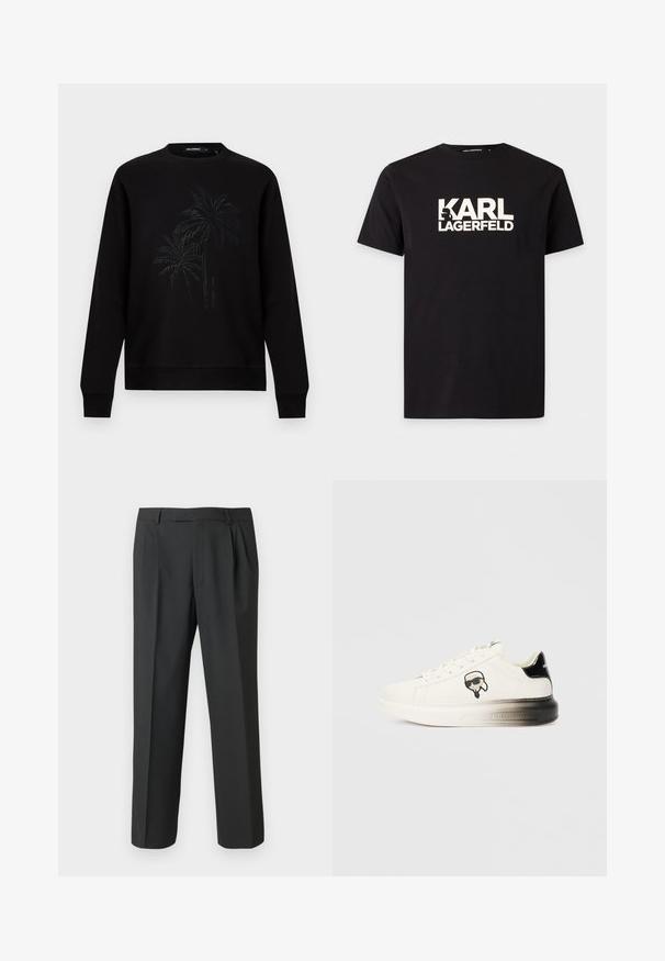 Sweatshirt noir à manches longues, col rond, avec un design discret en relief représentant un palmier et un petit texte vertical du nom de la marque au centre devant.; T-shirt noir à manches courtes avec texte blanc "KARL LAGERFELD" et un petit graphique silhouette du profil de Karl Lagerfeld sur la poitrine.; Pantalon noir en tissu lisse, avec une coupe droite, un devant plissé et une taille standard avec passants pour ceinture.; Baskets blanches avec une tige en cuir lisse, accents noirs au niveau du talon et un logo de dessin animé. Elles présentent une semelle épaisse et légèrement transparente.