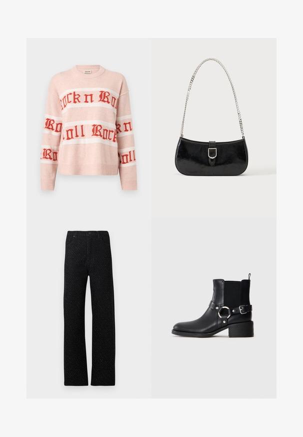 Pull en maille rose clair avec texte rouge "Rock n Roll" en police gothique sur la poitrine et les manches, avec poignets et ourlet côtelés.; Pantalon en denim noir avec une coupe droite, présentant un motif texturé de petits points et cinq poches, y compris à l'avant et à l'arrière.; Bottine en cuir noir avec boucles latérales et détail en anneau, panneau latéral élastique, petit talon carré et languette de tirage sur fond uni.; Sac à épaule en cuir verni noir avec détail de boucle argentée et bandoulière en chaîne argentée, présenté sur un fond uni clair.