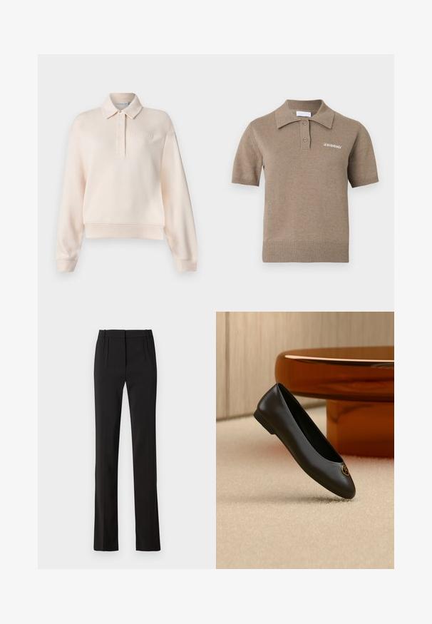 Helles rosa Polo-Sweatshirt mit kragenförmigem Ausschnitt, Knopfleiste mit drei Knöpfen und geprägtem Markenlogo auf der Brust. Weicher Stoff, lockere Passform.; Kurzärmeliges Strick-Poloshirt in Hellbraun mit geripptem Kragen, dreiknöpfiger Knopfleiste und besticktem Markenzeichen auf der Brust.; Schwarze maßgeschneiderte Hosen mit geradem Bein, zwei Vorderfalten und einer glatten Stofftextur. Keine sichtbaren Taschen oder Beschläge.; Schwarzer Leder-Ballerina mit rundem Zehenbereich und goldenem Logo-Emblem nahe der Spitze, präsentiert vor einem beigen Teppich und braunen Möbeln.