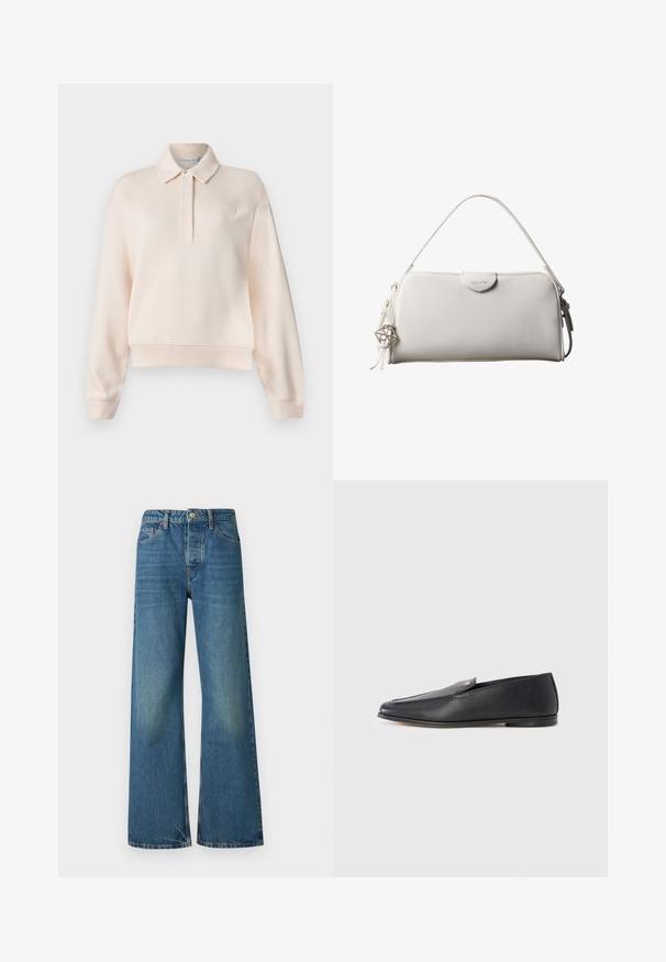 Lyserød polo sweatshirt med kravehals, tre-knaps lukning og præget brandlogo på brystet. Blødt stof, afslappet pasform.; Bredde ben blå denim jeans med en falmet vask, fem-lomme design og standard knap- og lynlås-lukning. Holdbart bomuldsstof.; Sorte læderloafers med en glat tekstur, rundet tå og subtile syningsdetaljer. Har en guldfarvet logoaccent på oversiden.; Hvid rektangulær Calvin Klein håndtaske med enkelt håndtag, minimalistisk design og dekorative kvaster med geometrisk metalvedhæng på siden.