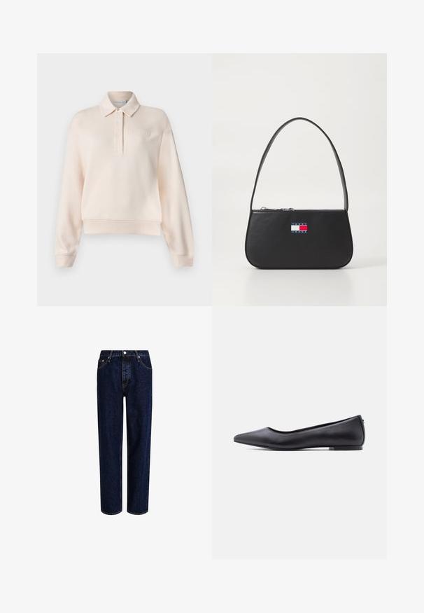 Lyserød polo sweatshirt med kravehals, tre-knaps lukning og præget brandlogo på brystet. Blødt stof, afslappet pasform.; Mørkeblå denim jeans med lige ben-design, der har høj talje, fem-lomme-stil og kontrastsyninger. Ingen dekorationer.; Sort flad lædersko med spidst tåparti og lav hæl, vist i sideprofil mod en hvid baggrund.; Sorte læderhandtaske med en buet form, kort hank og lynlåslukning. Har et multicolor logo patch på forsiden.