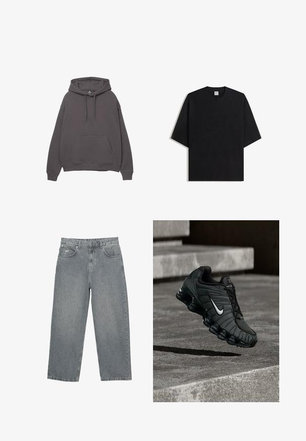 Hoodie en coton gris avec une poche avant, capuche à cordon de serrage ajustable, poignets et ourlet côtelés. Design simple, texture douce et coupe décontractée.; T-shirt noir surdimensionné à col rond avec manches courtes, vue à plat sur fond blanc, étiquette Bershka visible à l'intérieur du col.; Pantalon en denim gris clair avec coupe droite, cinq poches et braguette à boutons. Présente un logo discret sur la ceinture avant.; Baskets de sport Nike en vert foncé, dotées d'une tige en synthétique lisse, d'une texture en maille, de lacets noirs et d'une semelle brillante avec amorti à air.