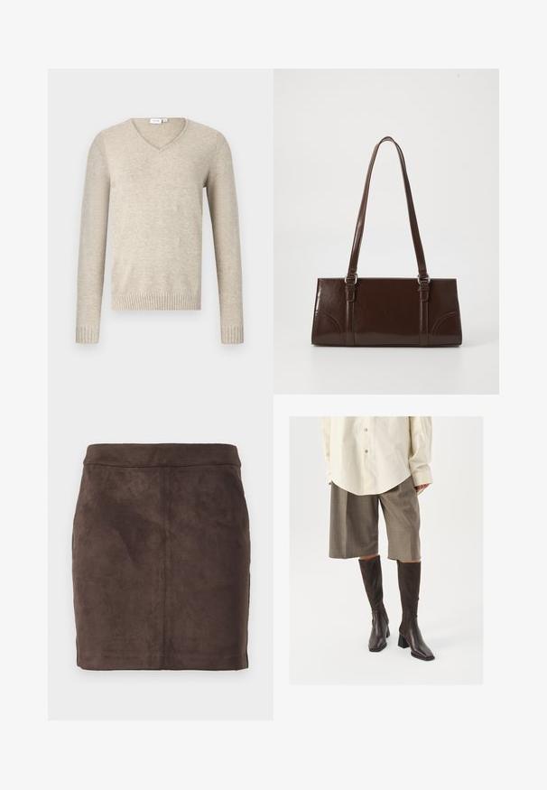 Pull à col en V beige en matériau doux avec des manches longues et des poignets côtelés. Présente un design simple sans motifs ni embellissements.; Jupe mini en daim marron avec une texture lisse, un design effilé et une taille plate, comprenant des coutures verticales pour la structure.; Bottes marron hautes jusqu'au genou avec un bout carré et un talon bloc, associées à une chemise beige surdimensionnée et des culottes à carreaux marron.; Sac à main en cuir verni marron de forme rectangulaire, avec deux longues poignées et des accents courbés subtils à l'avant.