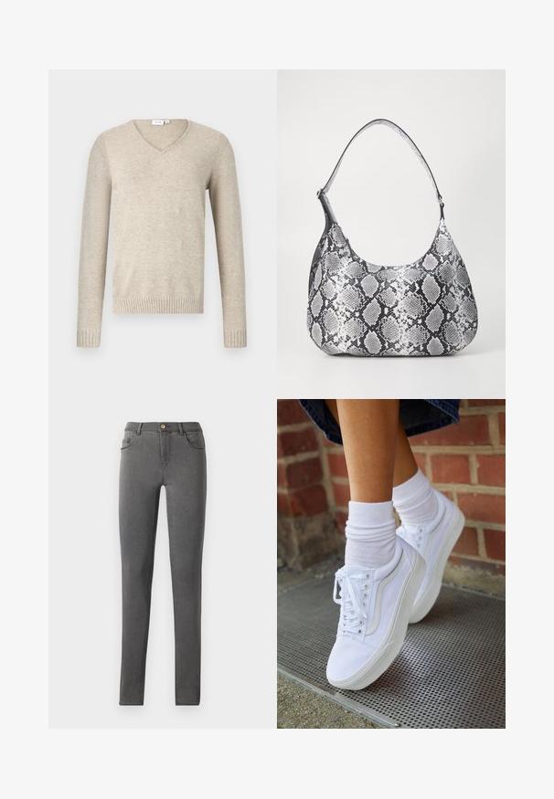 Beige V-hals trui van zacht materiaal met lange mouwen en geribbelde manchetten. Heeft een eenvoudig ontwerp zonder patronen of versieringen.; Grijze denim skinny jeans met een nauwsluitend ontwerp, vijf zakken en een enkele metalen knoopsluiting bij de taille.; Witte canvas sneakers met rubberen zolen, voorzien van zes vetertjes, een ronde neus en lichte stikdetails, gecombineerd met witte enkelsokken.; Zwart-witte slangenprint schoudertas met een afgeronde vorm, een gladde textuur en een ronde strap. Voorzien van een zilveren hardwareaccent.