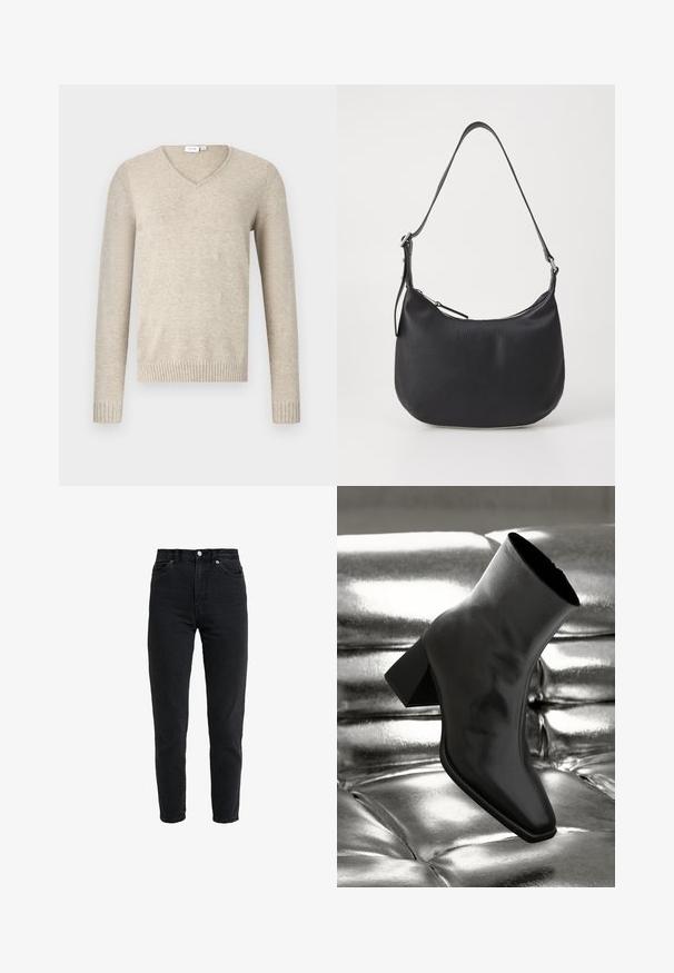 Beiger V-Ausschnitt-Pullover aus weichem Material mit langen Ärmeln und gerippten Bündchen. Besitzt ein schlichtes Design ohne Muster oder Verzierungen.; Schwarze Jeans mit hoher Taille, vorderem Knopf und Reißverschluss, zwei vorderen Taschen und einem verjüngten Bein auf weißem Hintergrund.; Schwarzer Knöchelstiefel aus glänzendem Material mit quadratischer Zehenform und verjüngtem Absatz, vor einem glänzenden silbernen gepolsterten Hintergrund.; Schwarze Leder-Umhängetasche mit geschwungener Form, Reißverschluss und verstellbarem Tragegurt. Auf der Vorderseite mit eingeprägtem Logo.