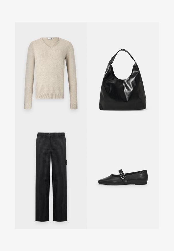 Pull à col en V beige en matériau doux avec des manches longues et des poignets côtelés. Présente un design simple sans motifs ni embellissements.; Pantalons noirs à rayures avec une coupe droite, dotés d'une fermeture à bouton et d'une poche latérale, fabriqués dans un tissu lisse.; Chaussure plate en cuir noir avec un bout arrondi, une seule sangle réglable à boucle et une texture lisse et brillante. Design minimaliste avec un petit talon.; Sac hobo en cuir noir avec une texture douce et brillante et un haut ouvert arrondi. Dispose d'une large sangle courbée pour le transport. Pas de matériel visible.