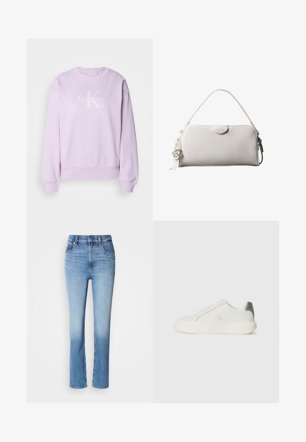 Lila Sweatshirt aus weichem Stoff. Verfügt über einen Rundhalsausschnitt, lange Ärmel, gerippte Bündchen und ein weißes Calvin Klein-Logo auf der Vorderseite.; Blaue Jeans aus Denim mit hoher Taille, gerader Beinführung, verblasstem Farbverlauf und fünf Taschen. Metallknopf- und Reißverschluss.; Weißer Sneaker aus Leder mit glatter Textur, ausgestattet mit einem silbernen Akzent an der Ferse, flacher Sohle und minimalistischem Design.; Weiße rechteckige Calvin Klein Handtasche mit einem einzelnen Henkel, minimalistischem Design und dekorativen Quasten mit geometrischem Metallanhänger an der Seite.