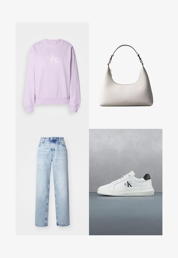 Lila Sweatshirt aus weichem Stoff. Verfügt über einen Rundhalsausschnitt, lange Ärmel, gerippte Bündchen und ein weißes Calvin Klein-Logo auf der Vorderseite.; Hellblaue High-Waist-Jeans mit lockerer Passform, geradem Bein, fünf Taschen und klassischem Knopf- und Reißverschluss.; Weiße Low-Top-Sneaker mit schwarzem Fersenpatch, Plateau-Sohle, Schnürsenkeln und Calvin Klein "CK"-Logo an der Seite.; Cremefarbene Calvin Klein Lederschultertasche mit gebogener Oberkante, silbernem Reißverschluss und dunkelbraunem verstellbarem Riemen.
