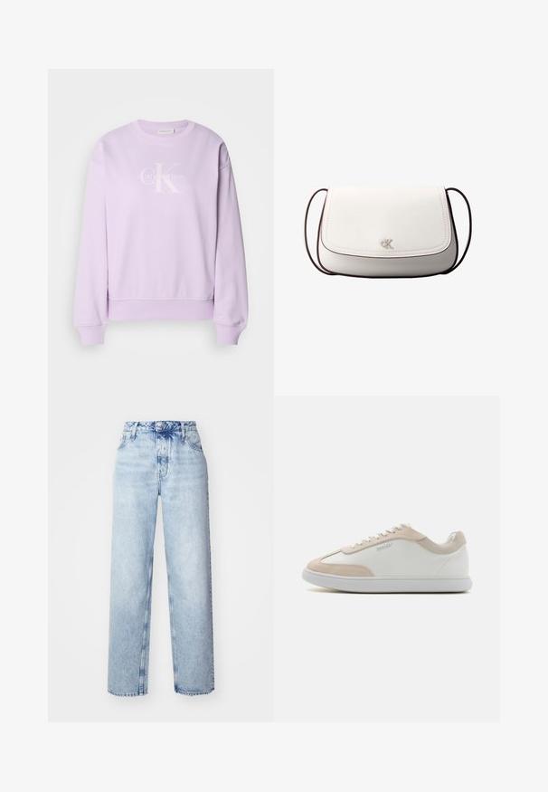 Lilla sweatshirt lavet af blødt stof. Har en rund hals, lange ærmer, ribbede manchetter og et hvidt Calvin Klein-logo på fronten.; Lyseblå højtaljede jeans med løs pasform, der har lige ben, fem lommer og en klassisk knap- og lynlåslukning.; Hvide lædersneakers med beige ruskindsdetaljer og hvide snøringer. Har en rund tå og en polstret sål for komfort.; Hvid skuldertaske med klaplukning, lille sølv "cK" logo i midten og tynd, justerbar, mørkebrun rem.