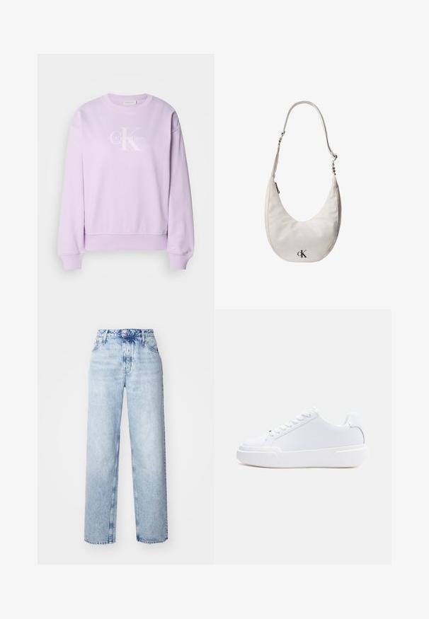 Lilla sweatshirt lavet af blødt stof. Har en rund hals, lange ærmer, ribbede manchetter og et hvidt Calvin Klein-logo på fronten.; Lyseblå højtaljede jeans med løs pasform, der har lige ben, fem lommer og en klassisk knap- og lynlåslukning.; Hvid lavtop-sneaker med snørelukning, tyk sål og glat overdel, vist fra ydersiden mod en ensartet lys baggrund.; Hvid skuldertaske i læder formet som en halvmåne med justerbar rem, lynlåslukning og sort Calvin Klein-logo foran.