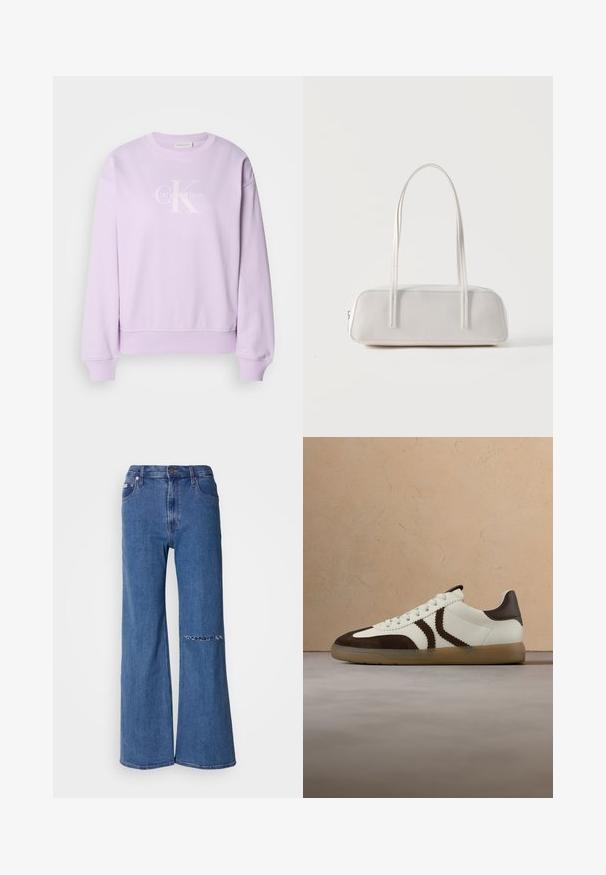 Lilla sweatshirt lavet af blødt stof. Har en rund hals, lange ærmer, ribbede manchetter og et hvidt Calvin Klein-logo på fronten.; Bredde jeans i mellemmørk blå denim, med høj talje, forlommer og et slidt lap-detalje på venstre knæ.; Læder- og ruskindsneakers i creme med brune accenter. Har teksturerede sidestriber, rund tå og slidstærk gummisål.; Hvid rektangulær skuldertaske med lange tynde stropper, minimal syning og lynlåslukning på en ensfarvet baggrund.
