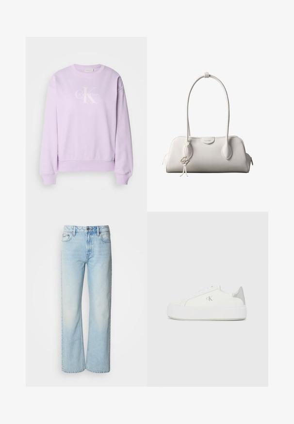 Lilla sweatshirt lavet af blødt stof. Har en rund hals, lange ærmer, ribbede manchetter og et hvidt Calvin Klein-logo på fronten.; Lyseblå brede jeans lavet af denim med et klassisk fem-lomme design og en subtil falmet tekstur. Denim-syninger er synlige.; Hvide lærredssneakers med en tyk hvid sål, prydet med en metallic sølvaccent på hælen og en diskret logo-detalje på siden.; Hvid Calvin Klein skuldertaske med lange håndtag, rektangulær form, lynlåslukning og dekorativt logohæng tæt på håndtaget.