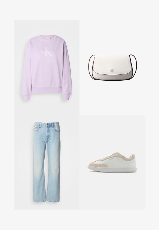 Lilla sweatshirt lavet af blødt stof. Har en rund hals, lange ærmer, ribbede manchetter og et hvidt Calvin Klein-logo på fronten.; Lyseblå brede jeans lavet af denim med et klassisk fem-lomme design og en subtil falmet tekstur. Denim-syninger er synlige.; Hvide lædersneakers med beige ruskindsdetaljer og hvide snøringer. Har en rund tå og en polstret sål for komfort.; Hvid skuldertaske med klaplukning, lille sølv "cK" logo i midten og tynd, justerbar, mørkebrun rem.