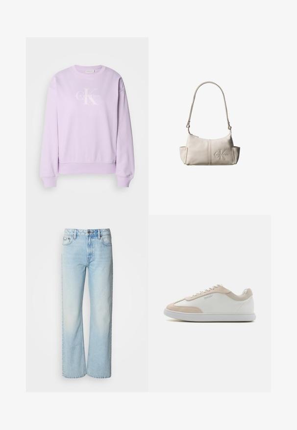 Lila sweater gemaakt van zachte stof. Heeft een ronde hals, lange mouwen, geribde manchetten en een wit Calvin Klein-logo op de voorkant.; Lichtblauwe wijde jeans van denim, voorzien van een klassiek vijf-pocket ontwerp en een subtiele vervaagde textuur. Denimstiksels zijn zichtbaar.; Witte leren sneakers met beige suède accenten en witte veters. Beschikt over een ronde neus en een gevoerde zool voor comfort.; Kleine beige leren schoudertas met verstelbare riem en geperst Calvin Klein-logo aan de voorkant in het midden.