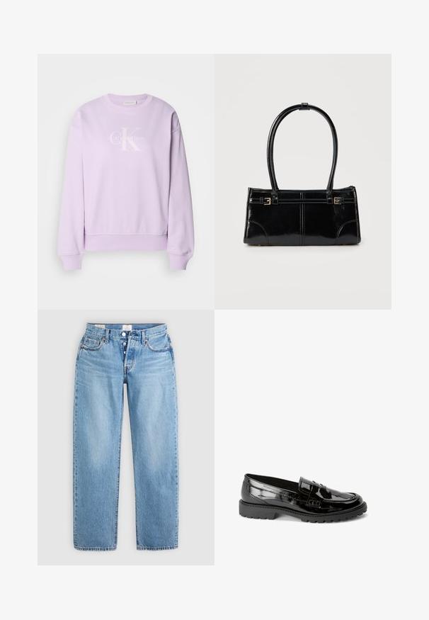 Lilla sweatshirt lavet af blødt stof. Har en rund hals, lange ærmer, ribbede manchetter og et hvidt Calvin Klein-logo på fronten.; Lysblå denim jeans med lige snit, fem lommer og knaplukning. Har syet detaljer og en ren kant.; Sorte patenterede læder loafers med en lav platformssål, udstyret med et tekstureret bånd hen over toppen og detaljeret syning langs kanterne.; Glansfuld sort rektangulær håndtaske med to tynde skulderremme og små guldbeslag foran.