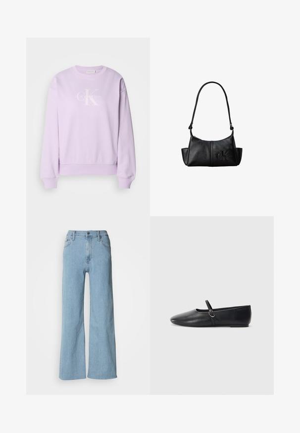 Lila sweater gemaakt van zachte stof. Heeft een ronde hals, lange mouwen, geribde manchetten en een wit Calvin Klein-logo op de voorkant.; Lichtblauwe wijde jeans van denim, met een aansluitende taille, vijf-pocket ontwerp en subtiele stiksels.; Zwarte leren balletschoenen met een spitse neus, platte zool en een kleine strap met een zilveren gespsluiting.; Zwarte leren schoudertas met lange band, zijvakjes en een reliëflogo van Calvin Klein aan de voorkant.