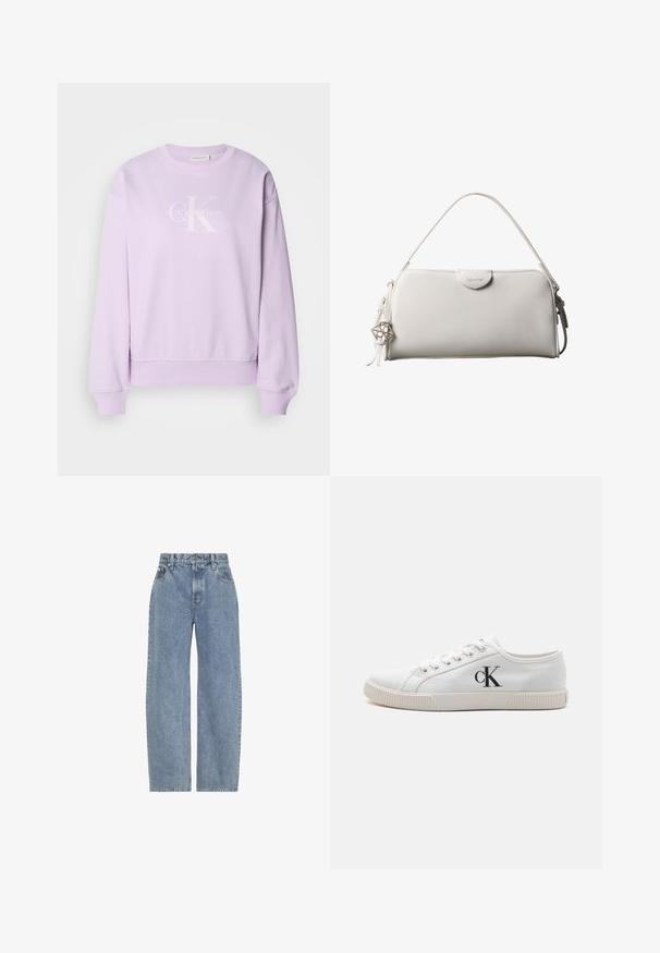 Lilla sweatshirt lavet af blødt stof. Har en rund hals, lange ærmer, ribbede manchetter og et hvidt Calvin Klein-logo på fronten.; Lysblå jeans i høj talje med lige, brede ben, forlommer, bæltestropper og lukning med knap og lynlås.; Hvide lærreds sneakers med lavt design, med en gummisål og et sort "CK" logo på siden. Seks snorlukker med hvide snørebånd.; Hvid rektangulær Calvin Klein håndtaske med enkelt håndtag, minimalistisk design og dekorative kvaster med geometrisk metalvedhæng på siden.
