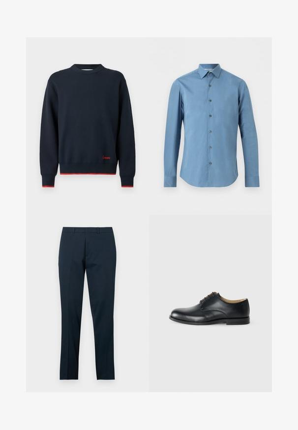 Pull à manches longues bleu marine avec col rond, bordure rouge aux poignets et à l'ourlet, et petite broderie rouge au-dessus de l'ourlet sur le côté droit avant.; Chemise habillée homme à manches longues en bleu clair uni avec patte de boutonnage devant et col pointu, présentée sur un fond uni.; Pantalon bleu marine en tissu lisse avec une coupe droite, doté d'un devant plat, de passants pour ceinture et sans poches.; Calvin Klein ESS DERBY - Derbies - triple black