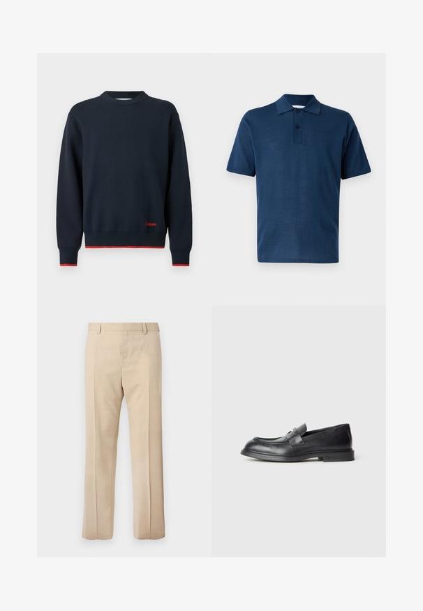Pull à manches longues bleu marine avec col rond, bordure rouge aux poignets et à l'ourlet, et petite broderie rouge au-dessus de l'ourlet sur le côté droit avant.; Polo bleu marine à manches courtes avec patte à deux boutons et col classique sur un fond gris clair.; Pantalon beige sur mesure avec passants pour ceinture, pli devant et fermeture éclair dissimulée, présenté sur un fond uni.; Mocassins en cuir noir avec une finition texturée, dotés d'une bride décorative à l'avant et d'un bout arrondi. Semelle en caoutchouc pour plus de durabilité.